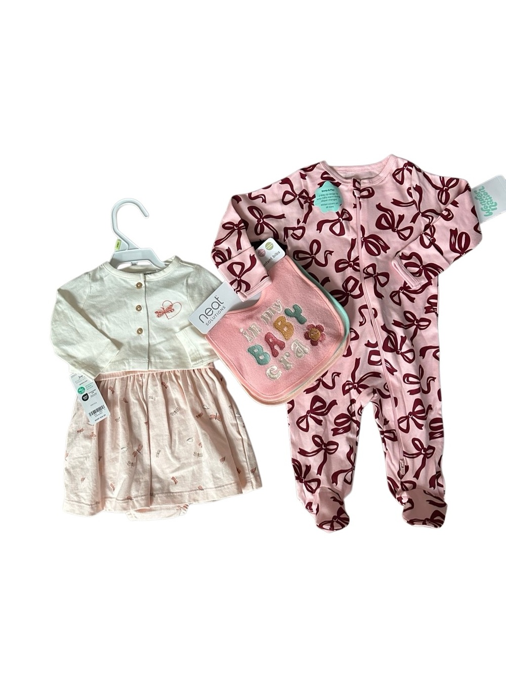 Carter's Pink Bow-Print Footed Sleeper, Pale Pink Dress & Pink Bib Set. 3 months